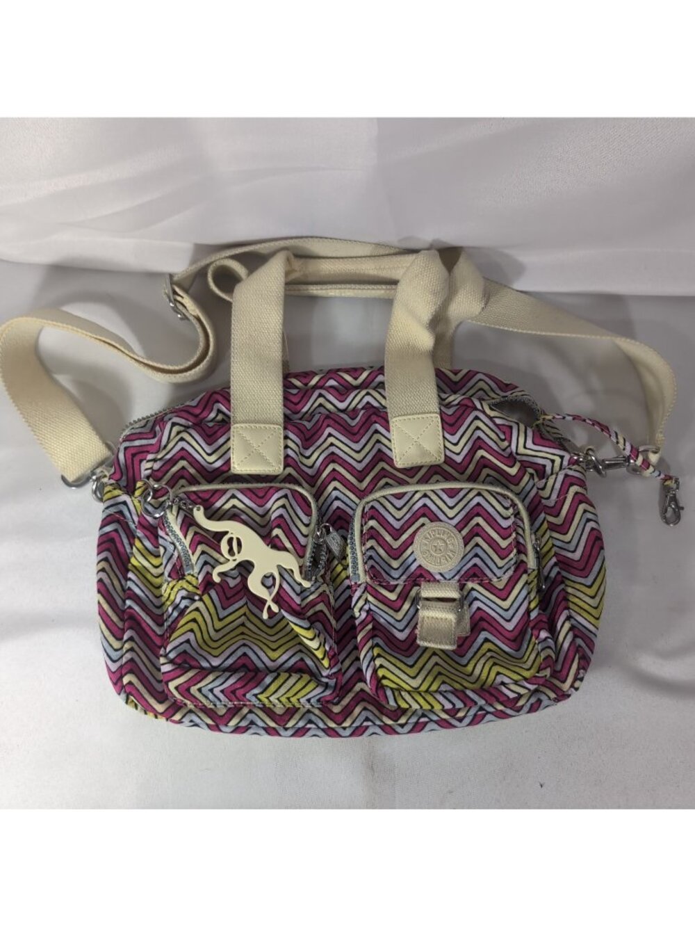 Kipling Defea Print Chevron Pink Yellow Hand Bag Shoulder Purse Crossbody HB3510